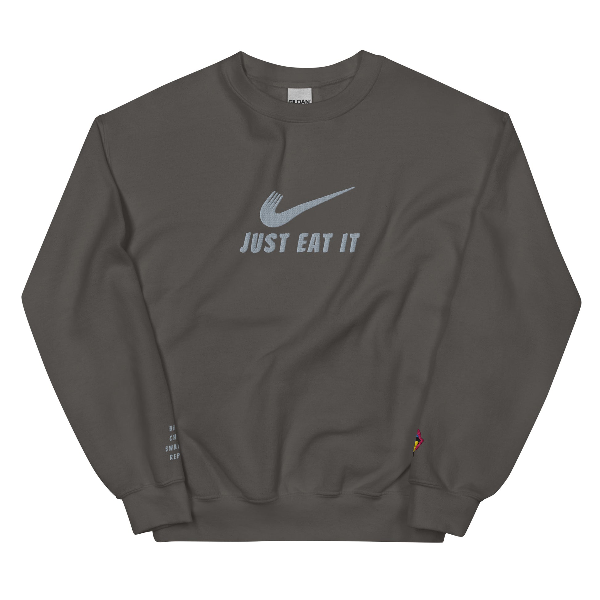 Unisex charcoal crew-neck sweatshirt with a parody Nike logo and "Just Eat It" text, by Appetite Apparel.