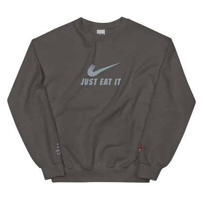 Unisex charcoal crew-neck sweatshirt with a parody Nike logo and "Just Eat It" text, by Appetite Apparel.