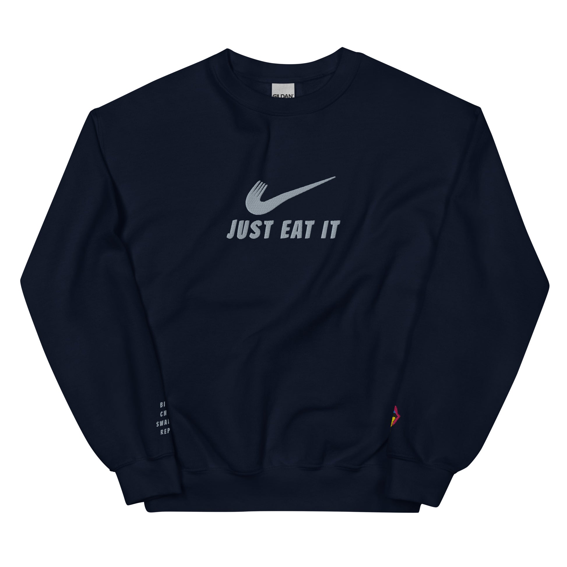 Navy unisex crew-neck sweatshirt by Appetite Apparel featuring a parody Nike logo design.