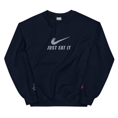 Navy unisex crew-neck sweatshirt by Appetite Apparel featuring a parody Nike logo design.